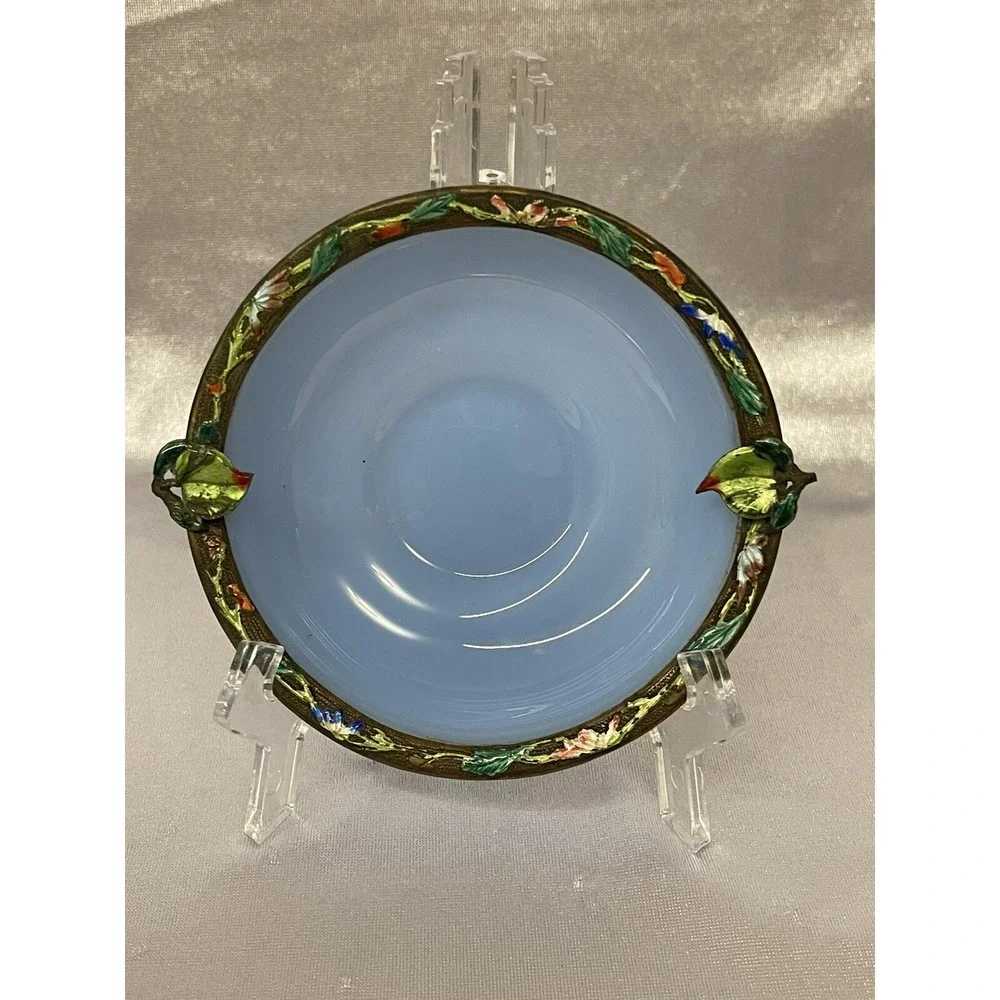 Vintage Small Blue Glass Bowl / Ashtray with Cooper Ring Painted Enameled Leaves